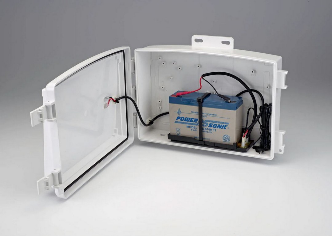 The interior of the heavy duty solar power kit, with a 6 volt rechargeable battery.