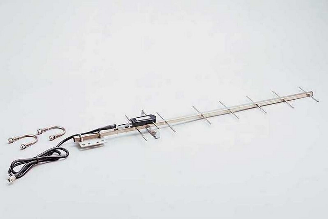 A yagi antenna, shown with mounting U-bolts.