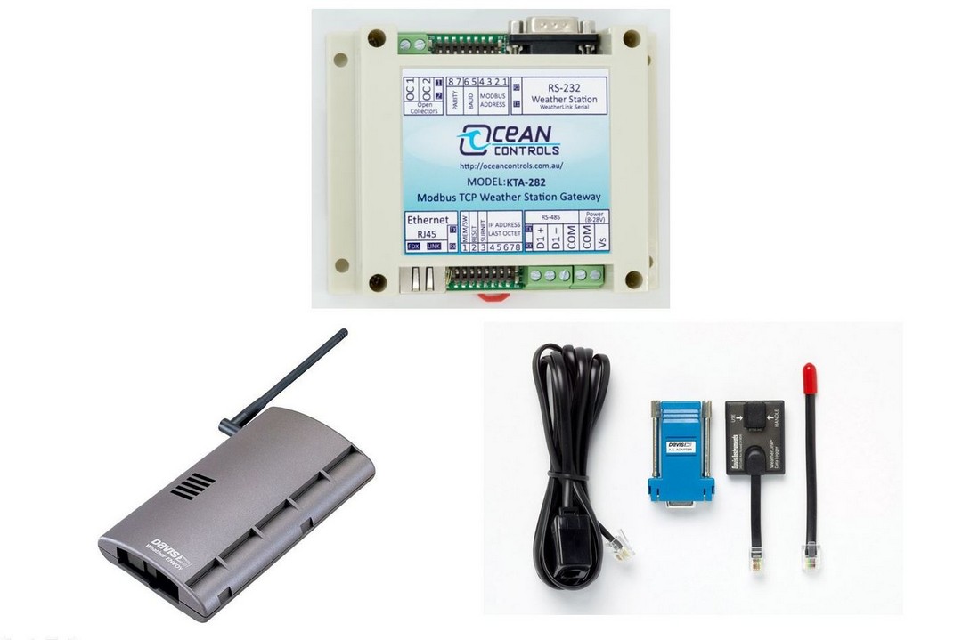 A montage of the three items in the ModBus interface WeatherData bundle for wireless Davis sensor suites.